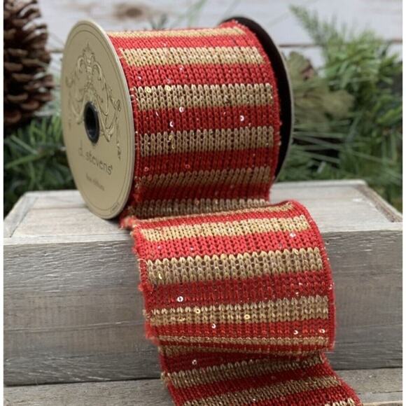 FOUR ROLLS Red & Gold Knit Mesh 4" d stevens Christmas Wreath Wire Edge Ribbon - Picture 1 of 2